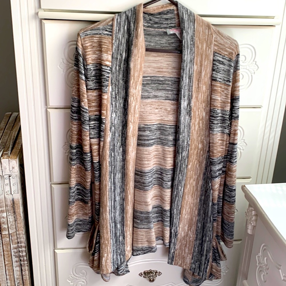 Taupe, gray, and white open front sweater